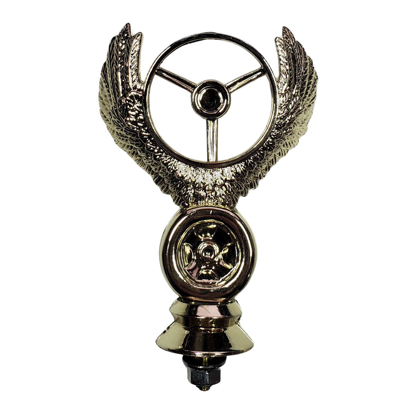 Gold Tone Winged Steering Wheel and Drag Slick Trophy Topper Hood Ornament