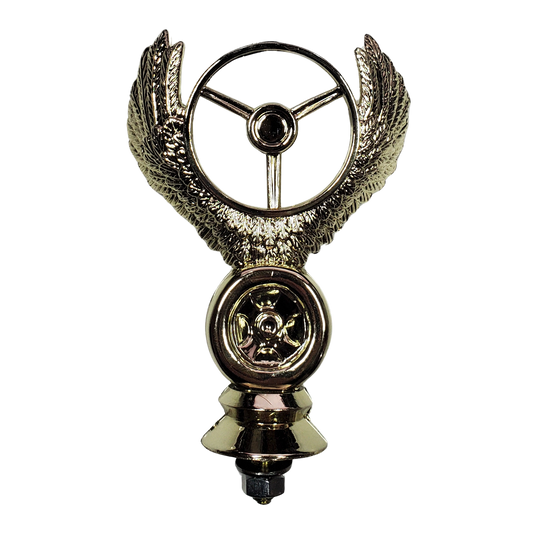 Gold Tone Winged Steering Wheel and Drag Slick Trophy Topper Hood Ornament