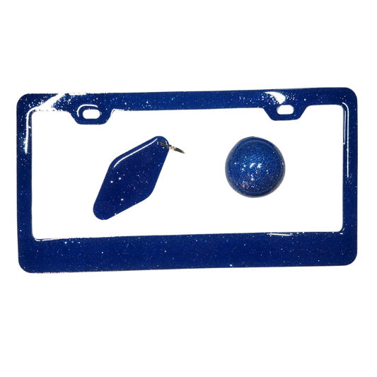 Blue and Chrome Flake Shift Knob, Keychain, License Plate Frame